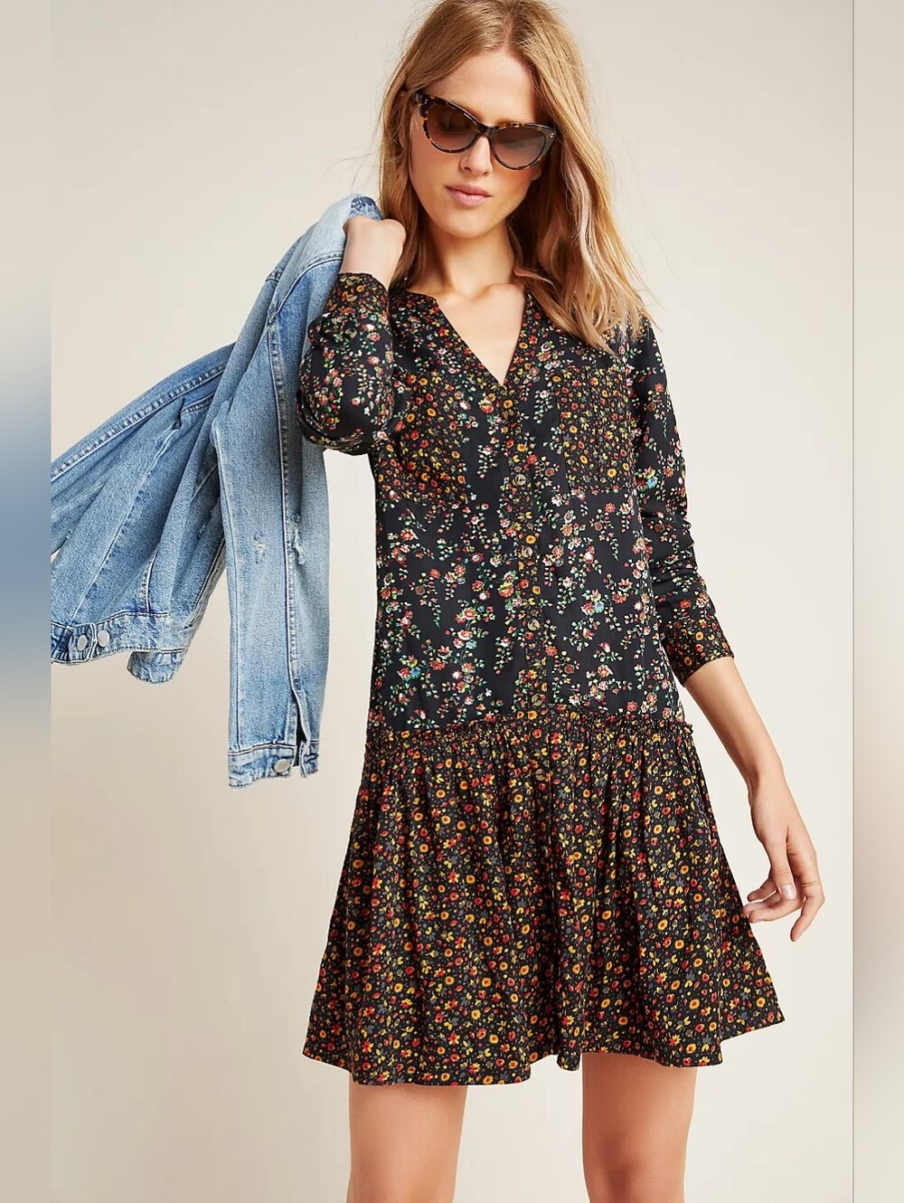 Maeve Anthropologie Marlie Ditsy Floral Tunic Dress XSmall BohoChic Black Red